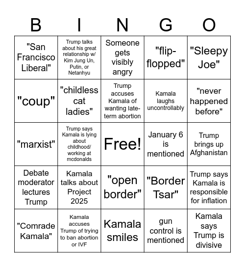 Trump Kamala Debate Bingo Card