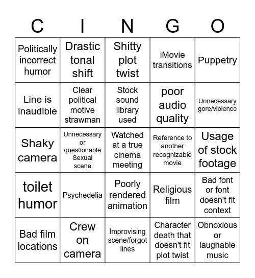 True cinema bingo Card