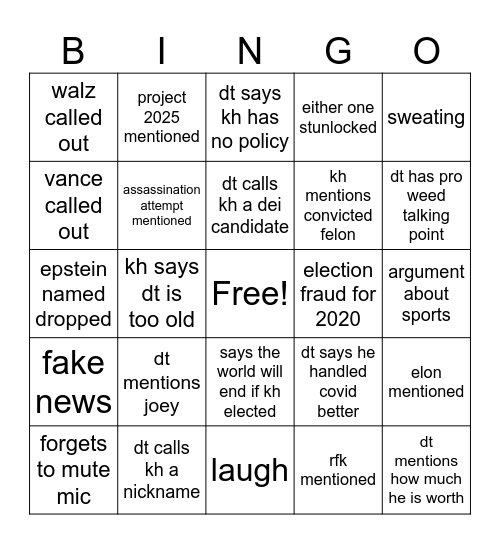 2024 sept debate Bingo Card