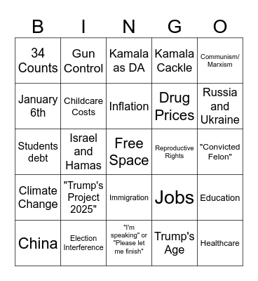 Trump Harris Debate Bingo Card