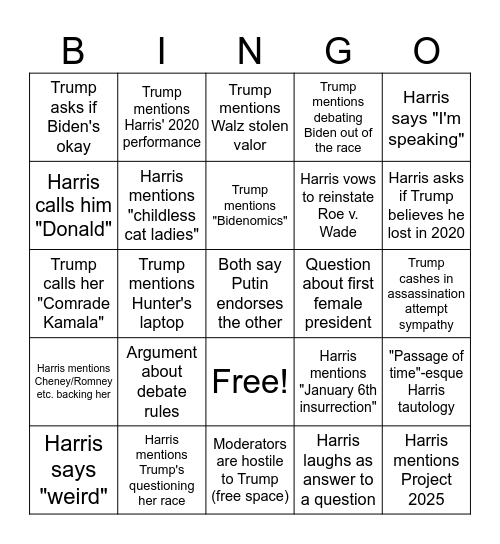 Trump/Harris Debate Bingo Card