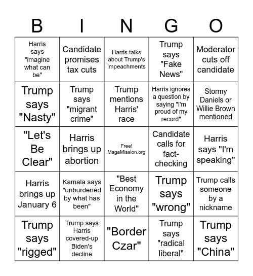 2024 Presidential Debate Bingo Card