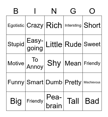 ASL Adjectives Bingo Card