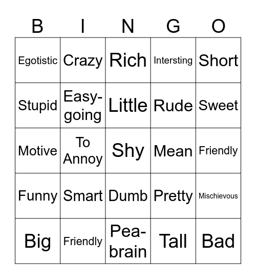 ASL Adjectives Bingo Card
