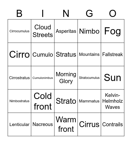 Clouds Bingo Card