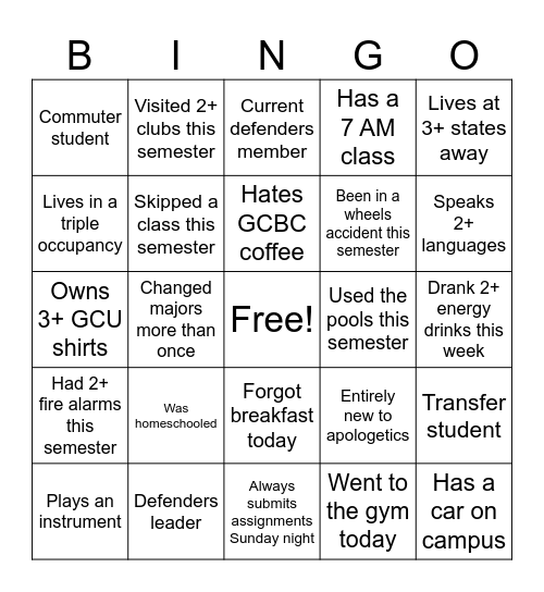 GCU Defenders Blackout Bingo Card