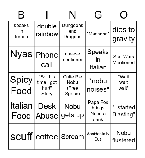 Nobu Bingo Card