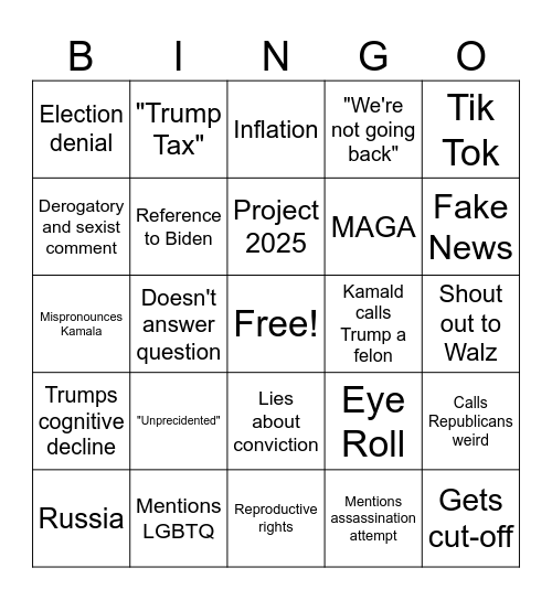 2024 Presidental debate Bingo Card