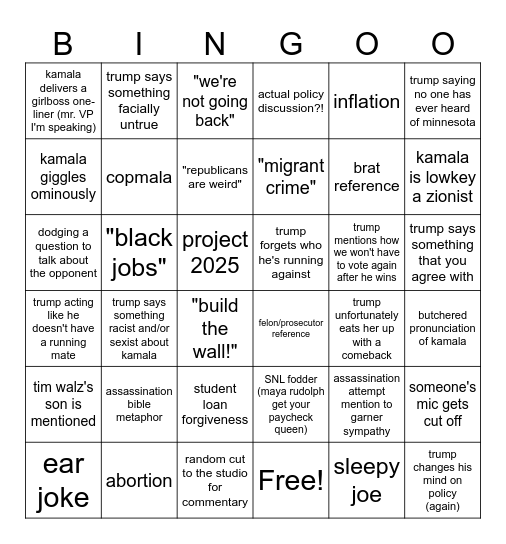 DEBATE BINGO!! Bingo Card