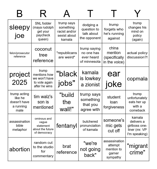 DEBATE BINGO!! Bingo Card