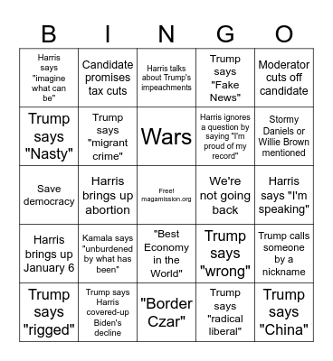 2024 Presidential Debate Bingo Card