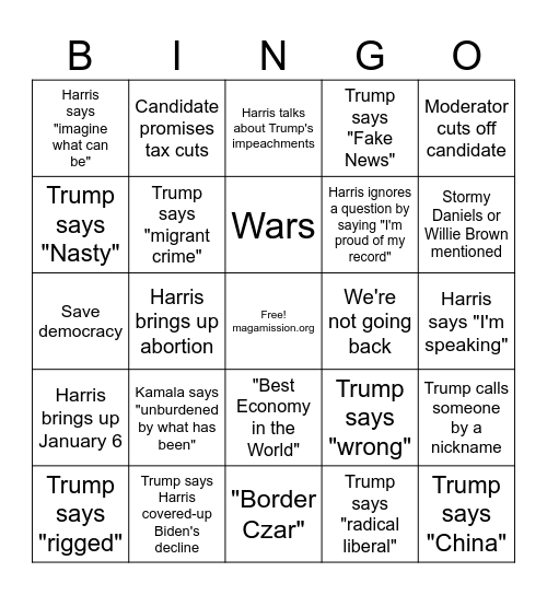 2024 Presidential Debate Bingo Card