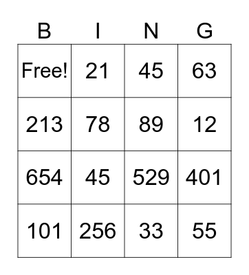 Number Bingo Card