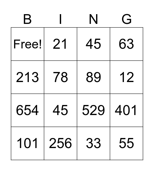 Number Bingo Card