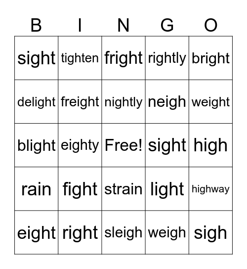 igh and eigh Bingo Card
