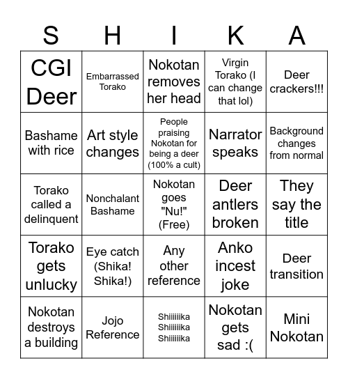 Nokotan Bingo Card