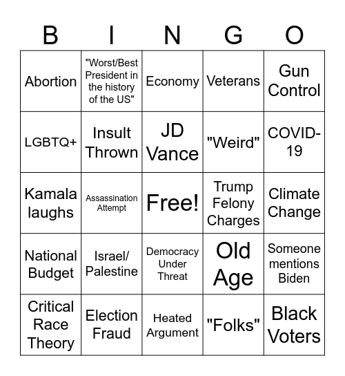 Harris/Trump Presidential Debate 2024 Bingo Card