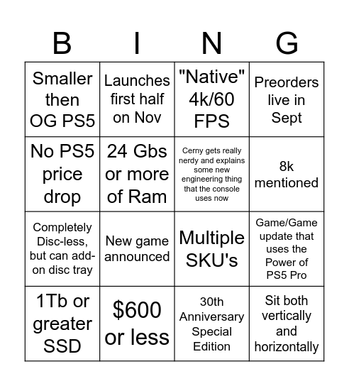 Ps5 Pro Bingo Card