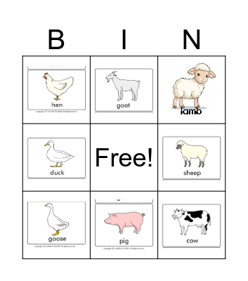 farm animals Bingo Card