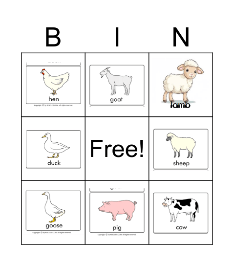 farm animals Bingo Card