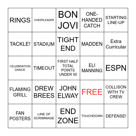 MONDAY NIGHT FOOTBALL Bingo Card