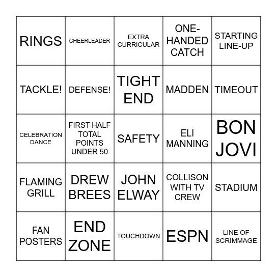 MONDAY NIGHT FOOTBALL Bingo Card