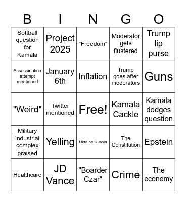 Harris vs Trump Debate Bingo Card