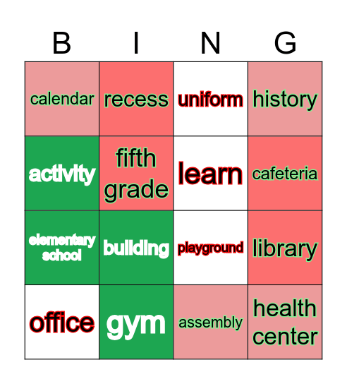 SCHOOL ENVIRONMENT VOCABULARY Bingo Card