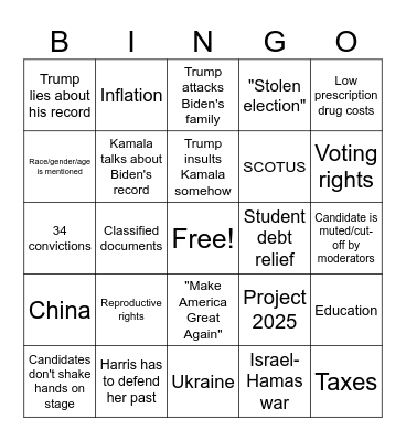 Second 2024 Presidential Debate Bingo Card