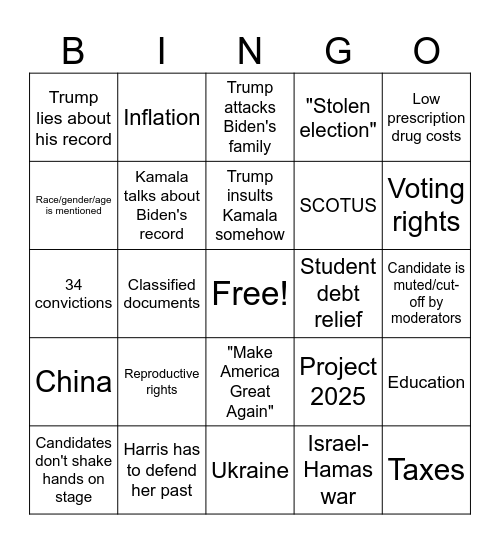 Second 2024 Presidential Debate Bingo Card