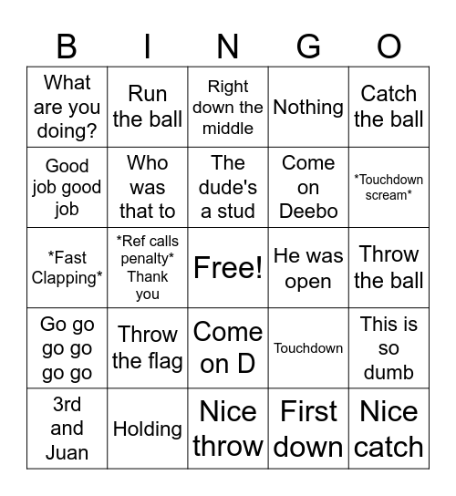 Dad Football Bingo Card