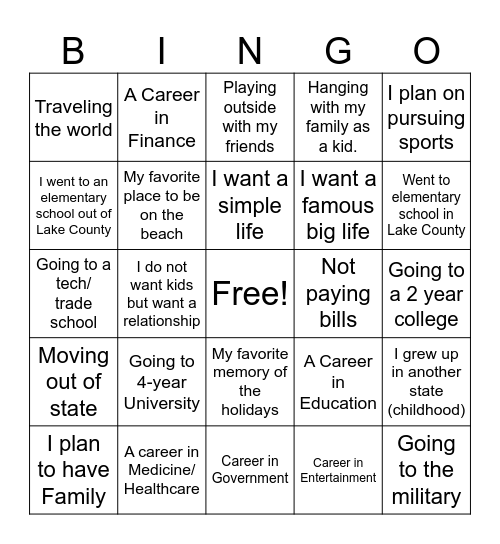 Seniors Bingo Card