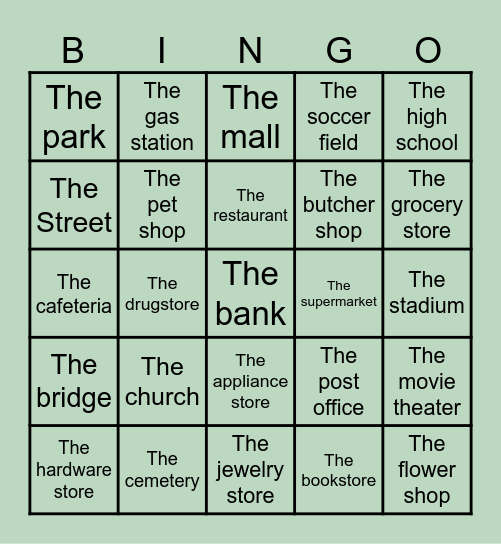 Places Around Town Bingo Card