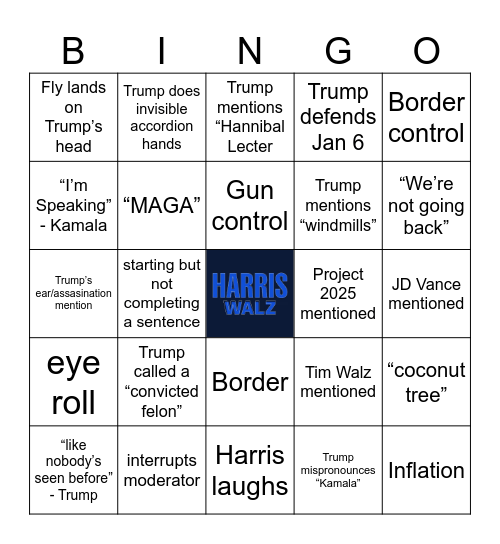 Harris-Trump Debate Bingo Card