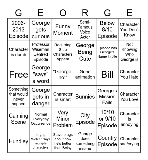 Curious George Bingo Card