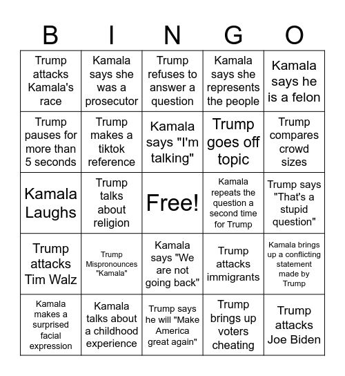 Presidential Debate Bingo Card