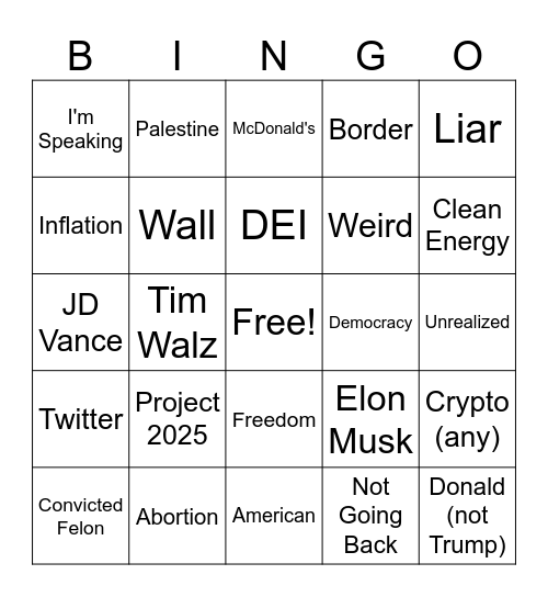 Kamala 2024 Debate Bingo Card