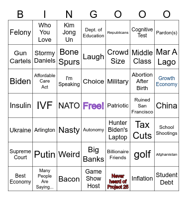 Harris / Trump Debate Bingo Card