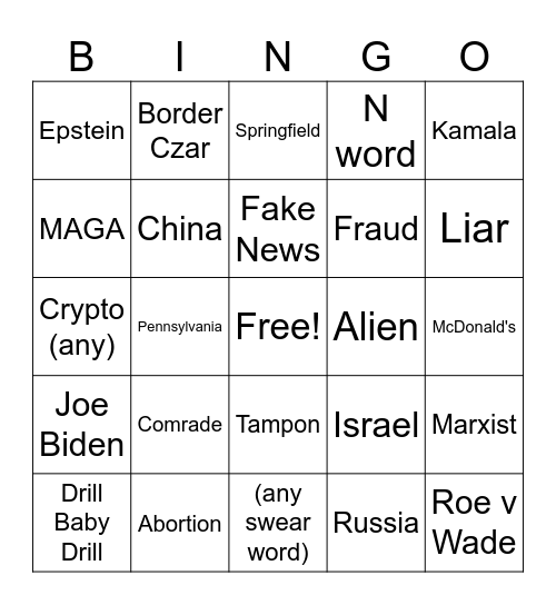 Trump 2024 Debate Bingo Card