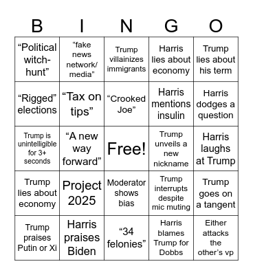Trump v. Harris Debate 1 Bingo Card