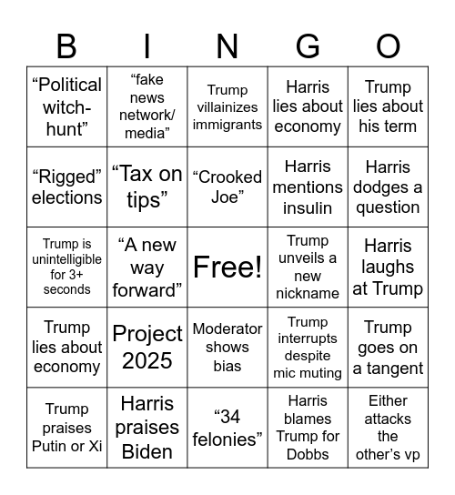 Trump v. Harris Debate 1 Bingo Card