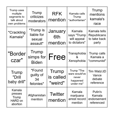 President debate #2 2024 Bingo Card