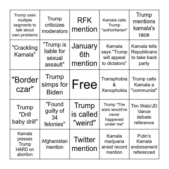 President debate #2 2024 Bingo Card