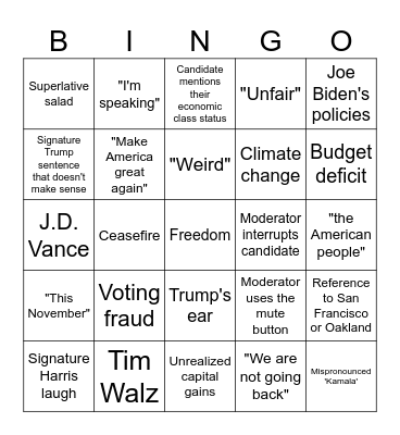 Presidential Debate BINGO Card