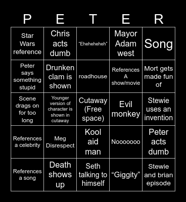 Family guy Bingo Card