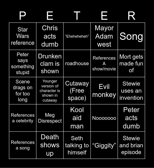 Family guy Bingo Card