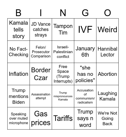 Kamala Vs Trump Bingo Card