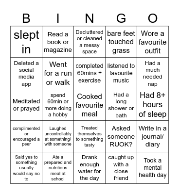 RUOK DAY self-care BINGO Card