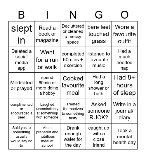 RUOK DAY self-care BINGO Card