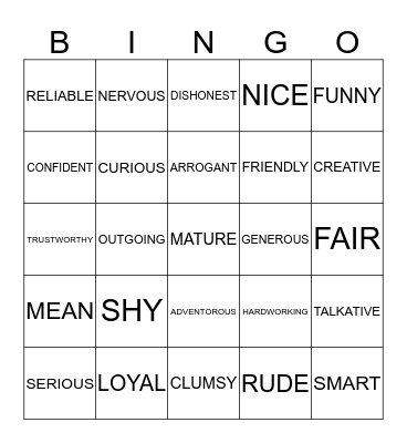 PERSONALITY Bingo Card